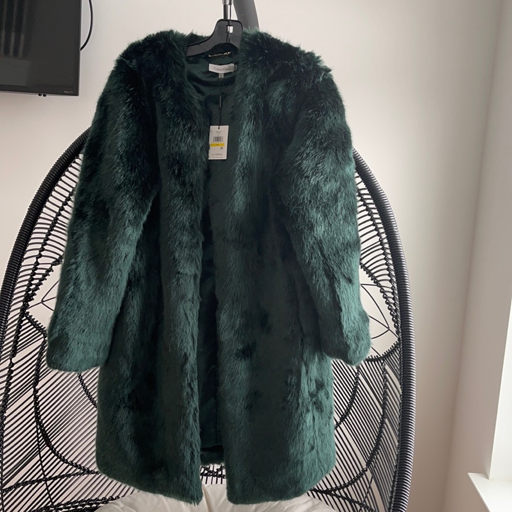 Calvin Klein Emerald Green Faux Fur Coat